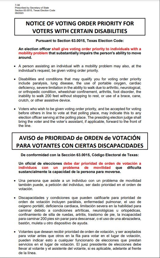 Notice of Voting Order Priority for Voters With Certain Disabilities