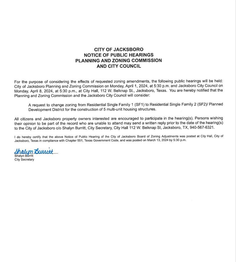 Notice of Public Hearing P&Z and City Council