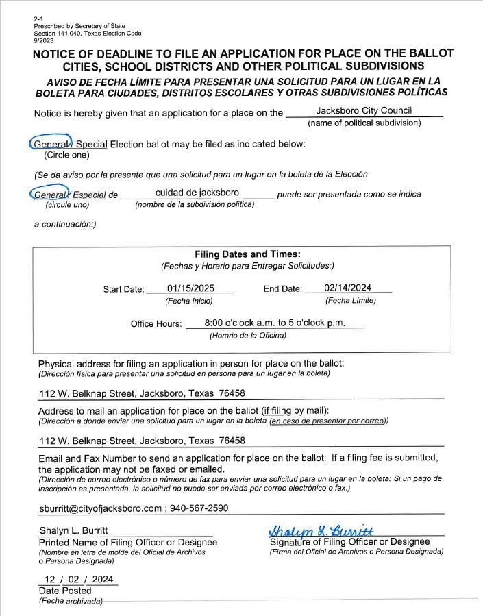General Election Notice of Deadline to File
