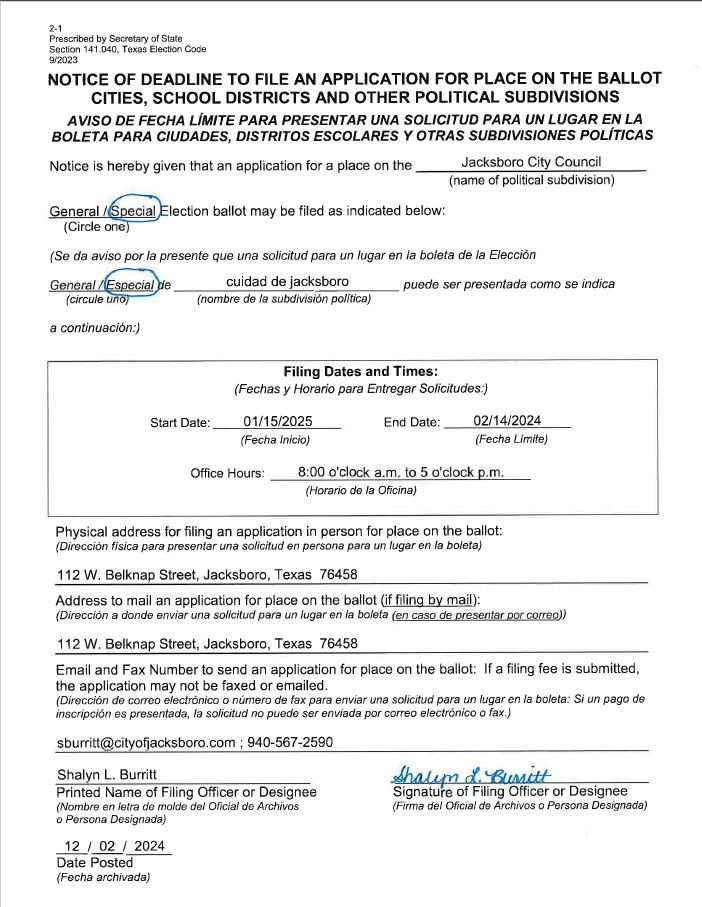 Special Election Notice of Deadline to File