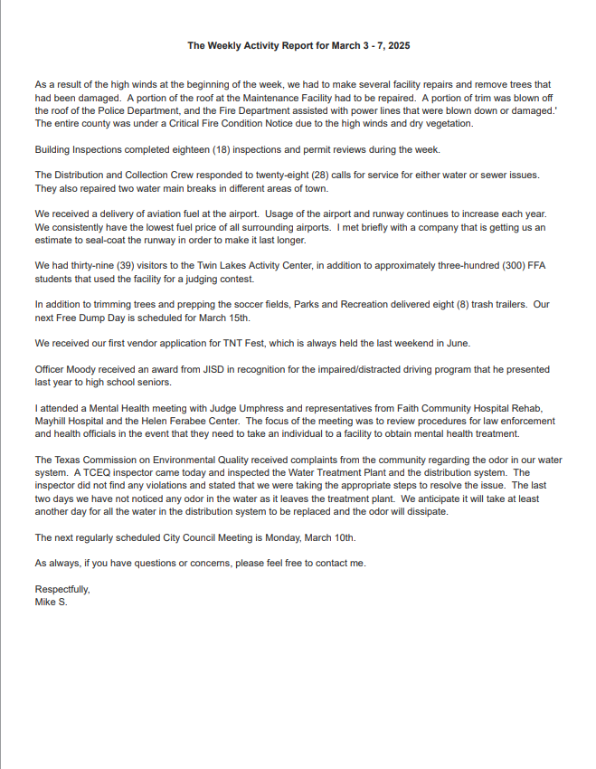 Weekly activity report 3.3-3.7.25