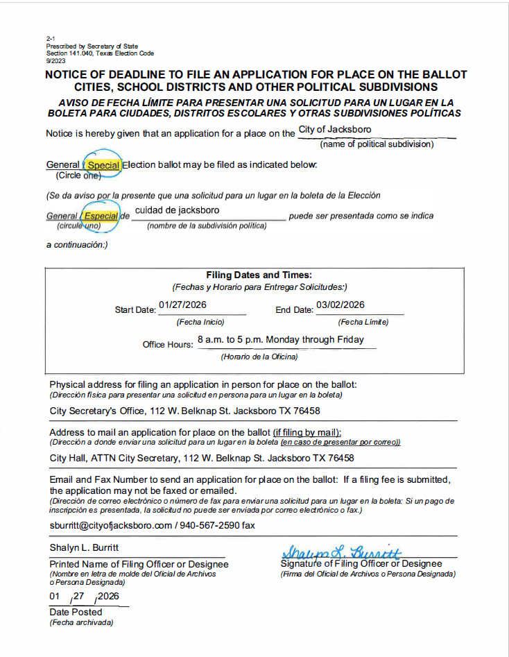 Notice of Deadline to File Special Election