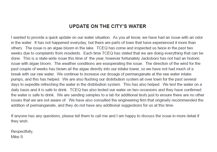 Water Update