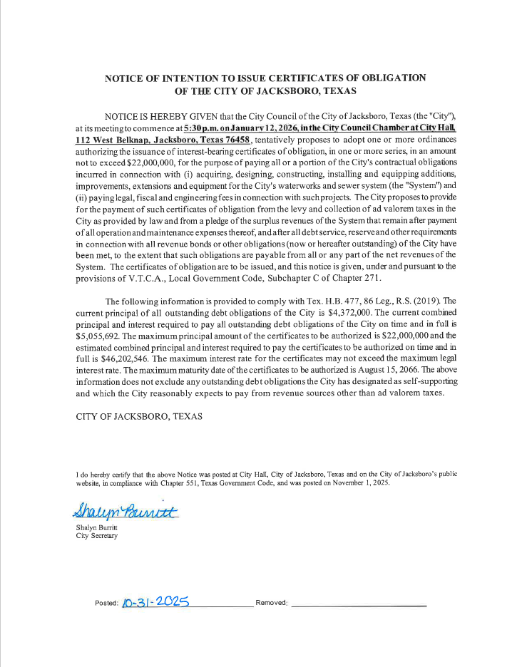 Notice of Intention to Issue CO 